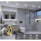 Modern bathroom with recessed LED downlight in gold bezel installed in ceiling, showing product features: cool white 6000K, h