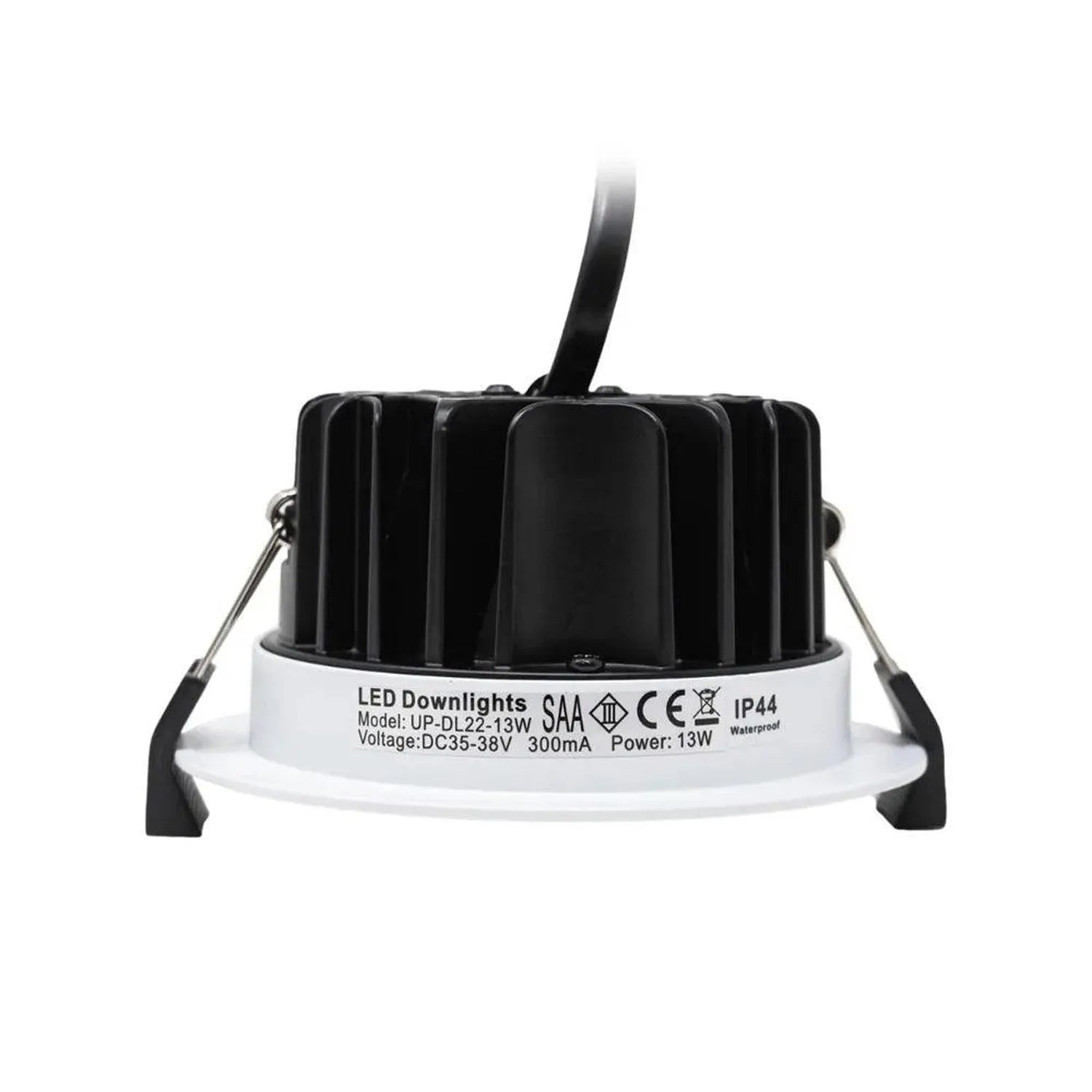 Bottom view of LED downlight with white trim ring, black heat sink, and specifications label showing 13W power and IP44 ratin