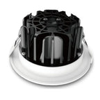 Top-down view of a recessed LED downlight with black internal heat sink fins and white trim ring.