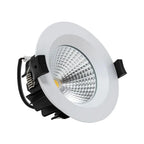 White round LED recessed ceiling downlight with reflective lens and black mounting brackets, product shot on white background