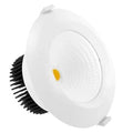 White round LED downlight with yellow COB center and black heat sink fins, product alone on white background.