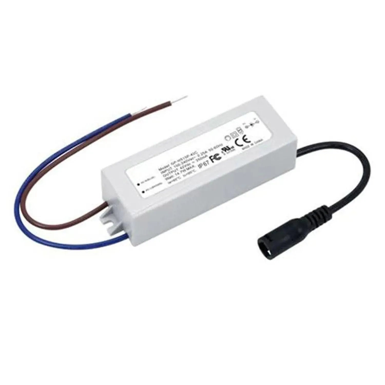 White LED power supply with blue and brown input wires and black output connector cable, showing CE and FCC certification lab