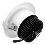 White LED downlight with black finned heat sink and adjustable mounting bracket, shown isolated on white background.