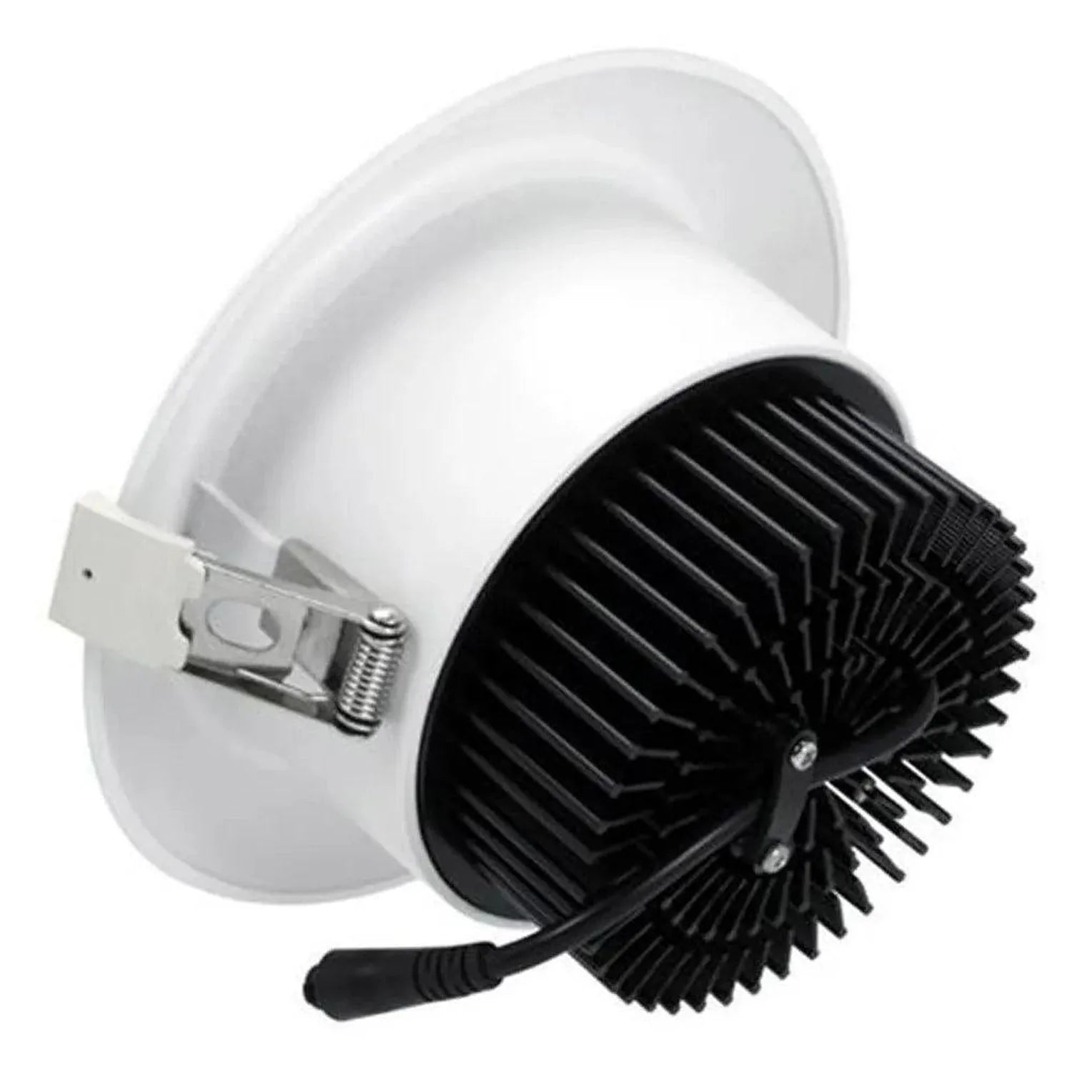 White LED downlight with black finned heat sink and adjustable mounting bracket, shown isolated on white background.