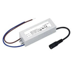 White rectangular LED power supply with blue and brown input wires and black output connector, showing CE and FCC certificati