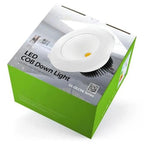 White LED COB downlight with yellow accent displayed in green and white product packaging box.