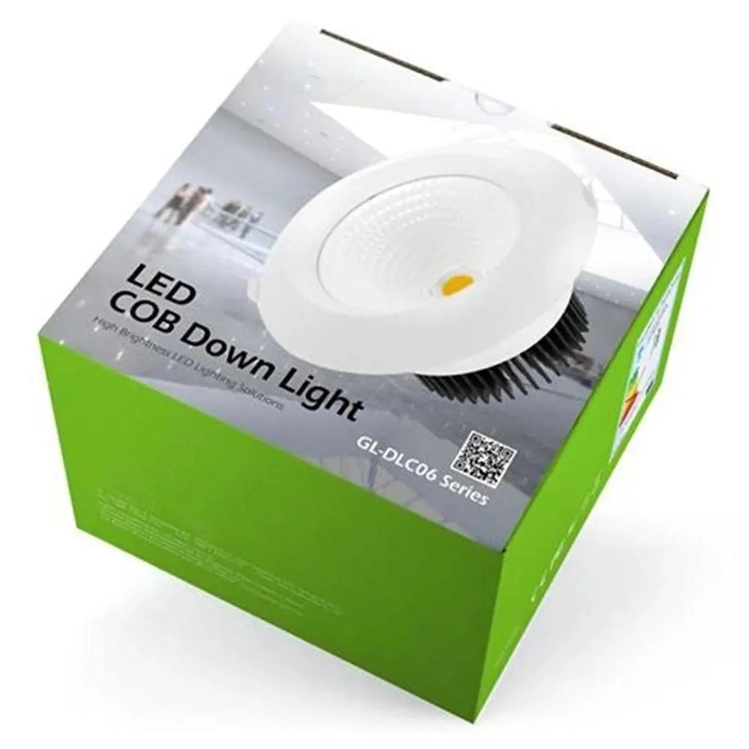White LED COB downlight with yellow accent displayed in green and white product packaging box.