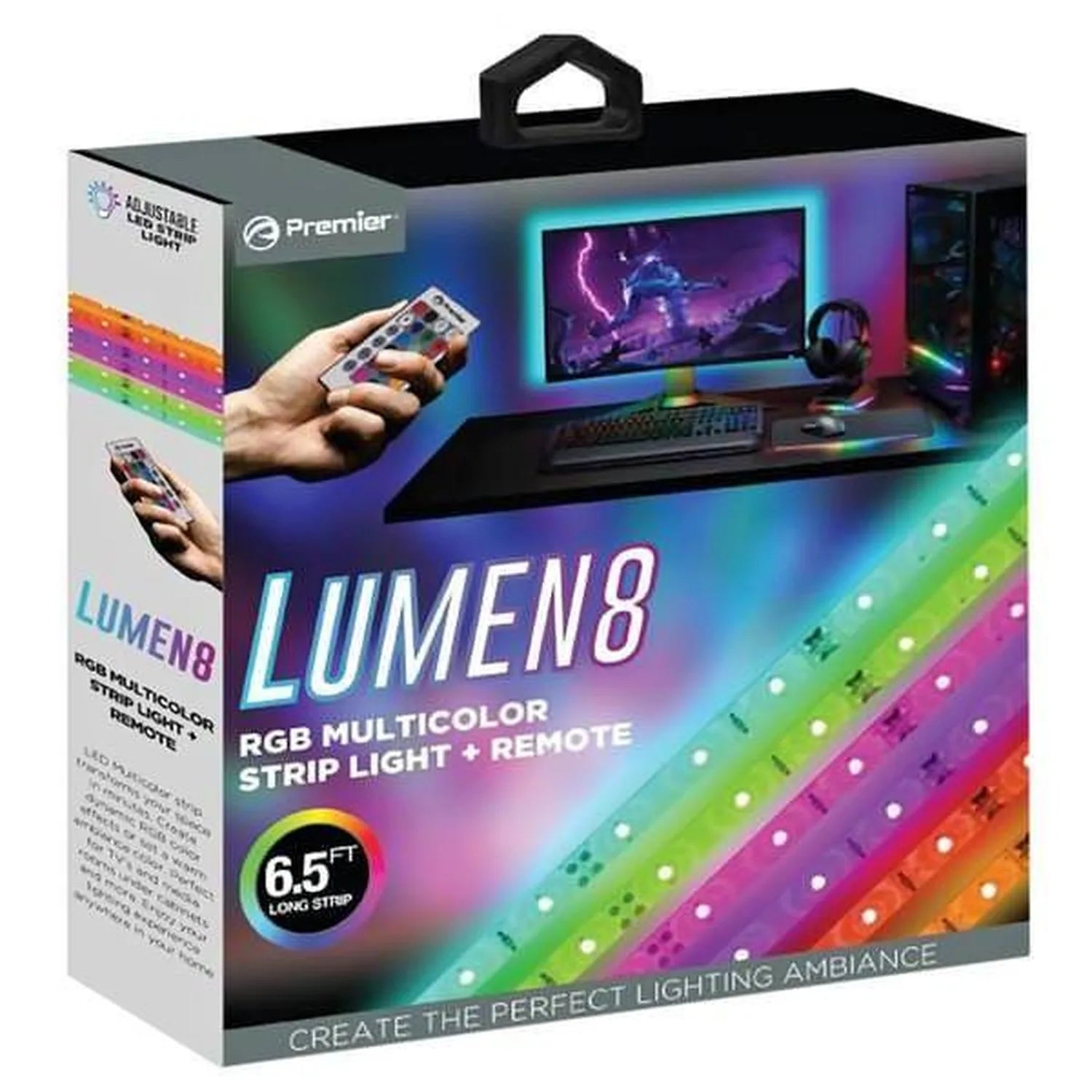 Lumen8 RGB multicolor strip light packaging showing remote control, LED strip sample, and gaming setup display with 6.5 ft pr