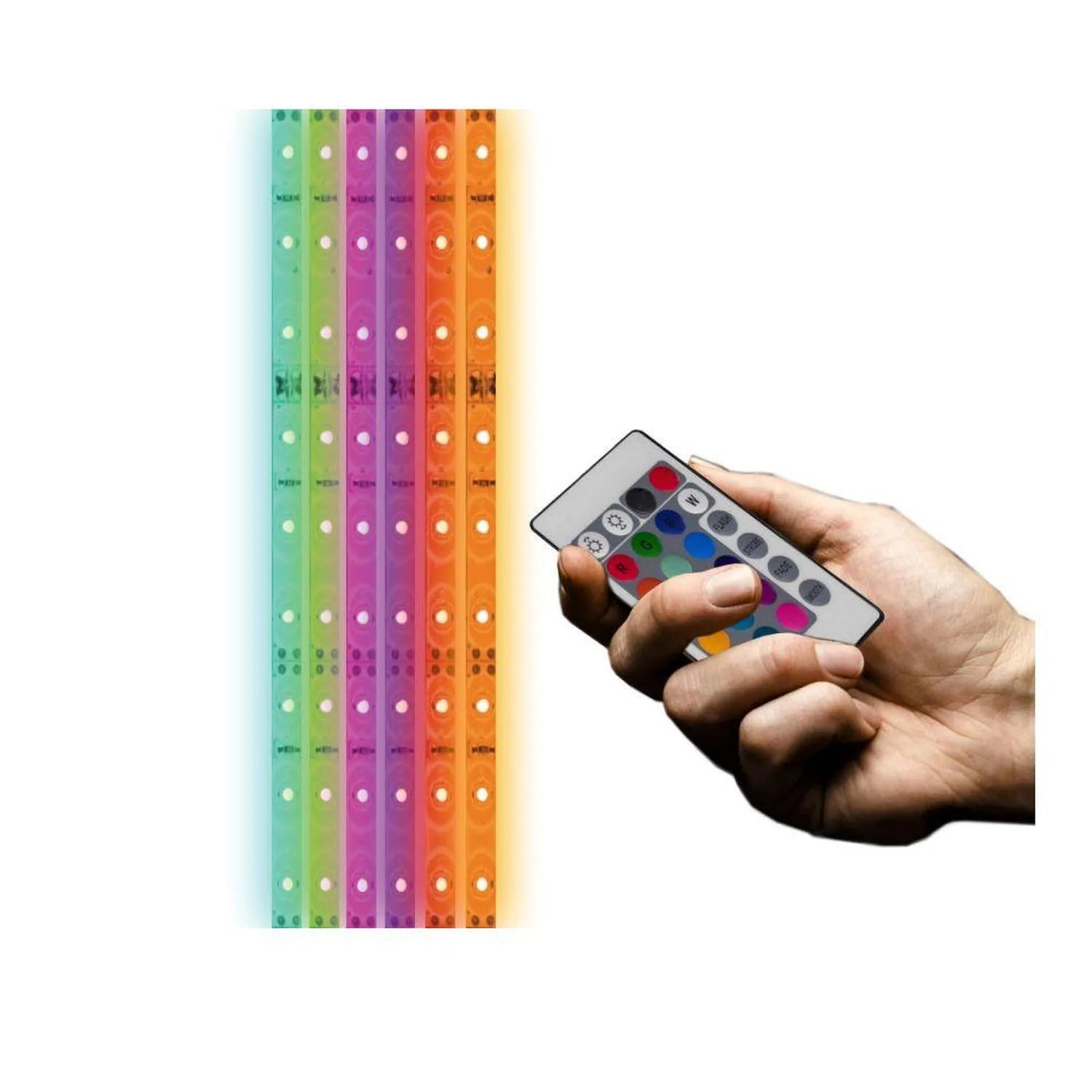 Hand holding remote control next to six vertical RGB LED light strips in rainbow colors from teal to orange.
