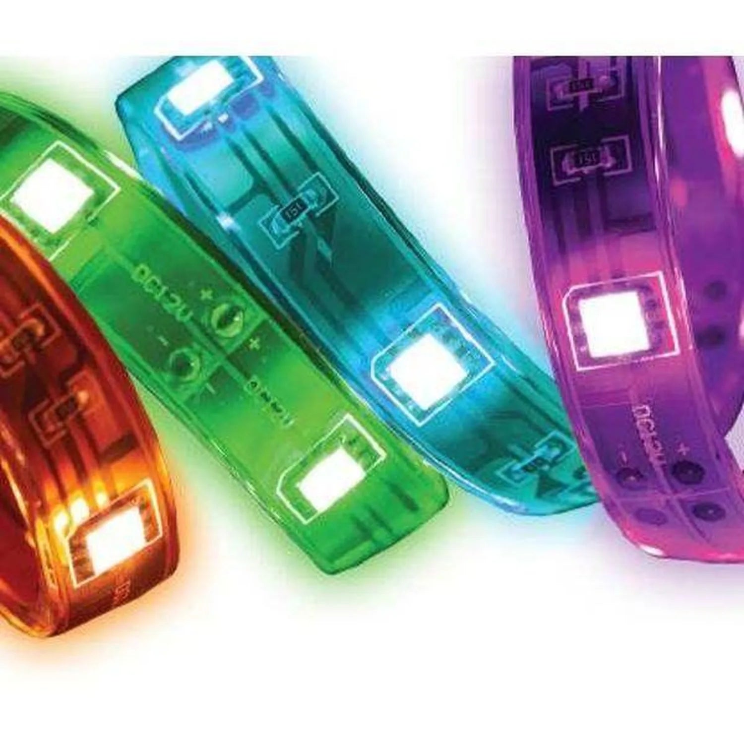 Four translucent LED strip lights in red, green, cyan, and purple glow with illuminated square segments against a white backg
