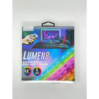 Premier Lumen8 RGB multicolor strip light packaging showing 6.5 ft strip with remote control and gaming setup display.