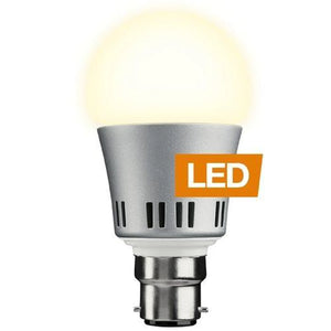 Silver and white LED bulb with B22 bayonet base, emitting warm light, labeled LED on orange badge.
