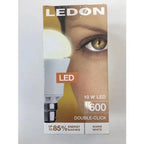 LEDON 10W LED light bulb packaging with double-click B22 base, showing warm white bulb and product specifications including 6