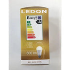 LEDON 10W B22 LED bulb packaging showing energy rating A, 600 lumens, warm white 2,700K, 10,000 hour lifespan.