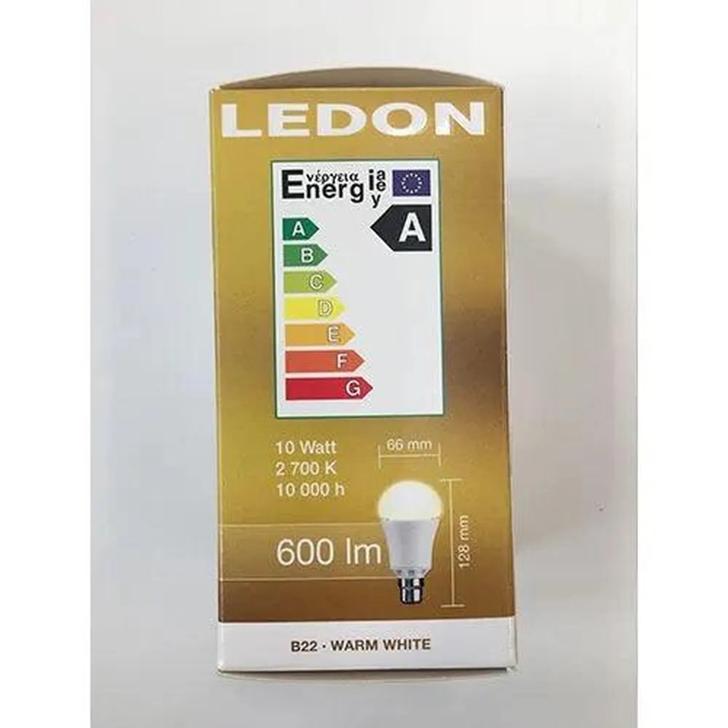 LEDON 10W B22 LED bulb packaging showing energy rating A, 600 lumens, warm white 2,700K, 10,000 hour lifespan.