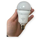 Hand holding a white LEDON 10W LED bulb with dome-shaped frosted top and brass base, showing product labeling.