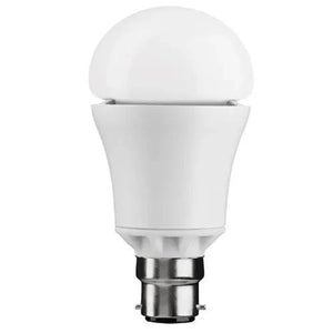 White LED bulb with rounded top and B22 bayonet base on white background.