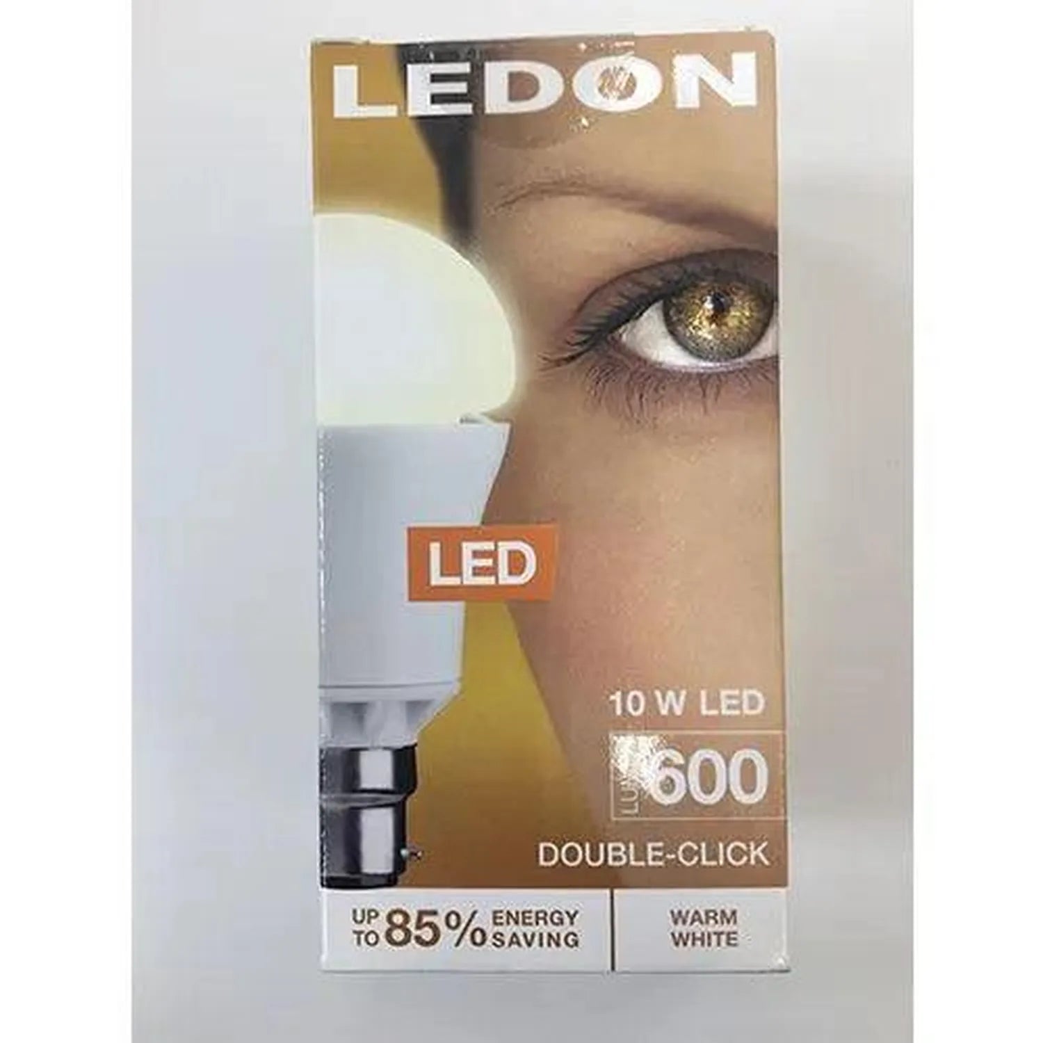 LEDON LED bulb packaging showing 10W warm white bulb with double-click dimmable feature and up to 85% energy saving claim.