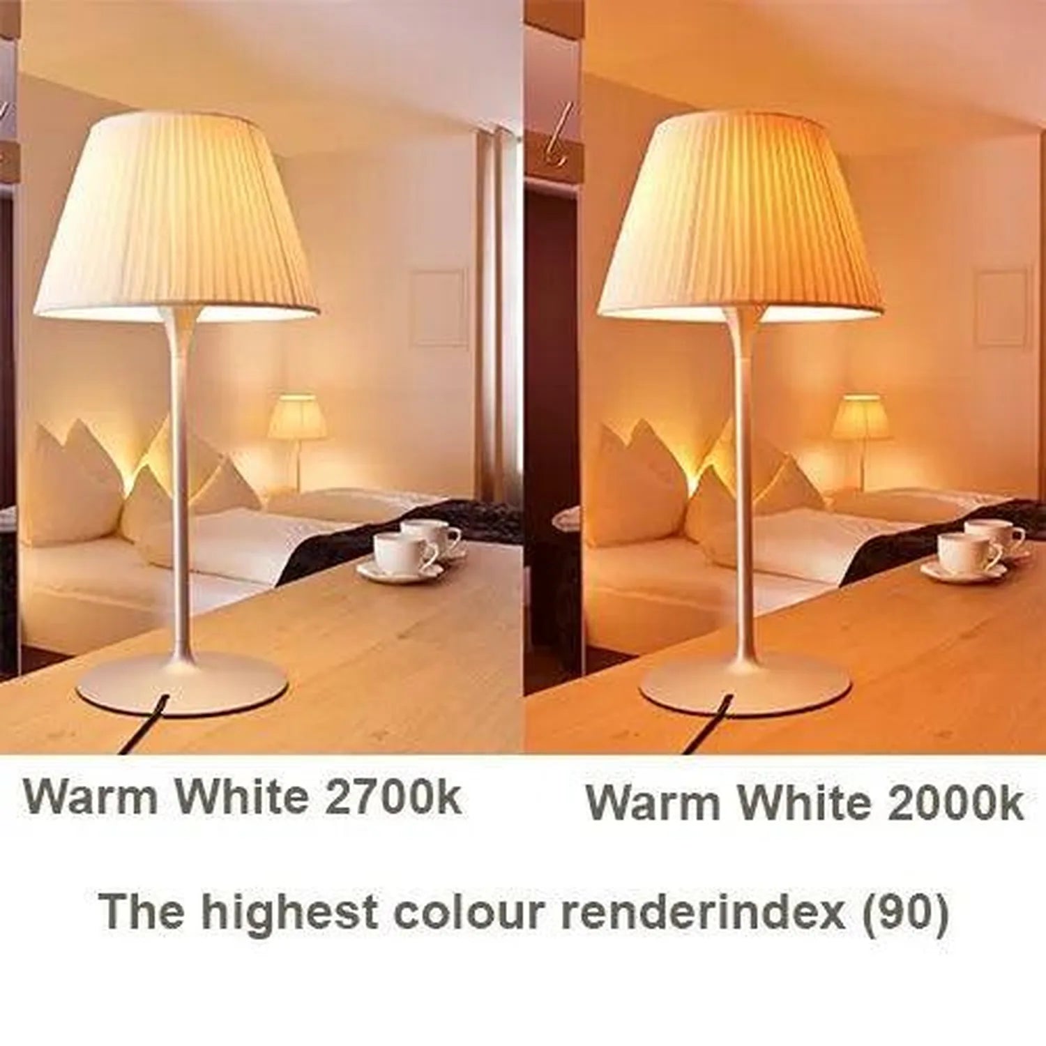 Side-by-side comparison of bedroom lamp lighting at 2700K versus 2000K color temperature, demonstrating warm white LED bulb c