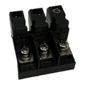 Three-position black power terminal block with metallic screw connectors and cable entry ports, front product view.