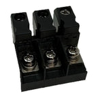 Three-position black power terminal block with metallic screw connectors and cable entry ports, front product view.
