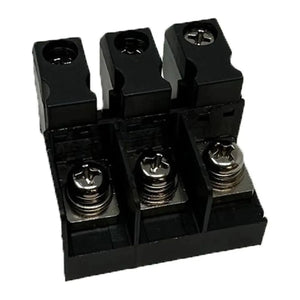Three-position black power terminal block with metallic screw connectors and cable entry ports, front product view.