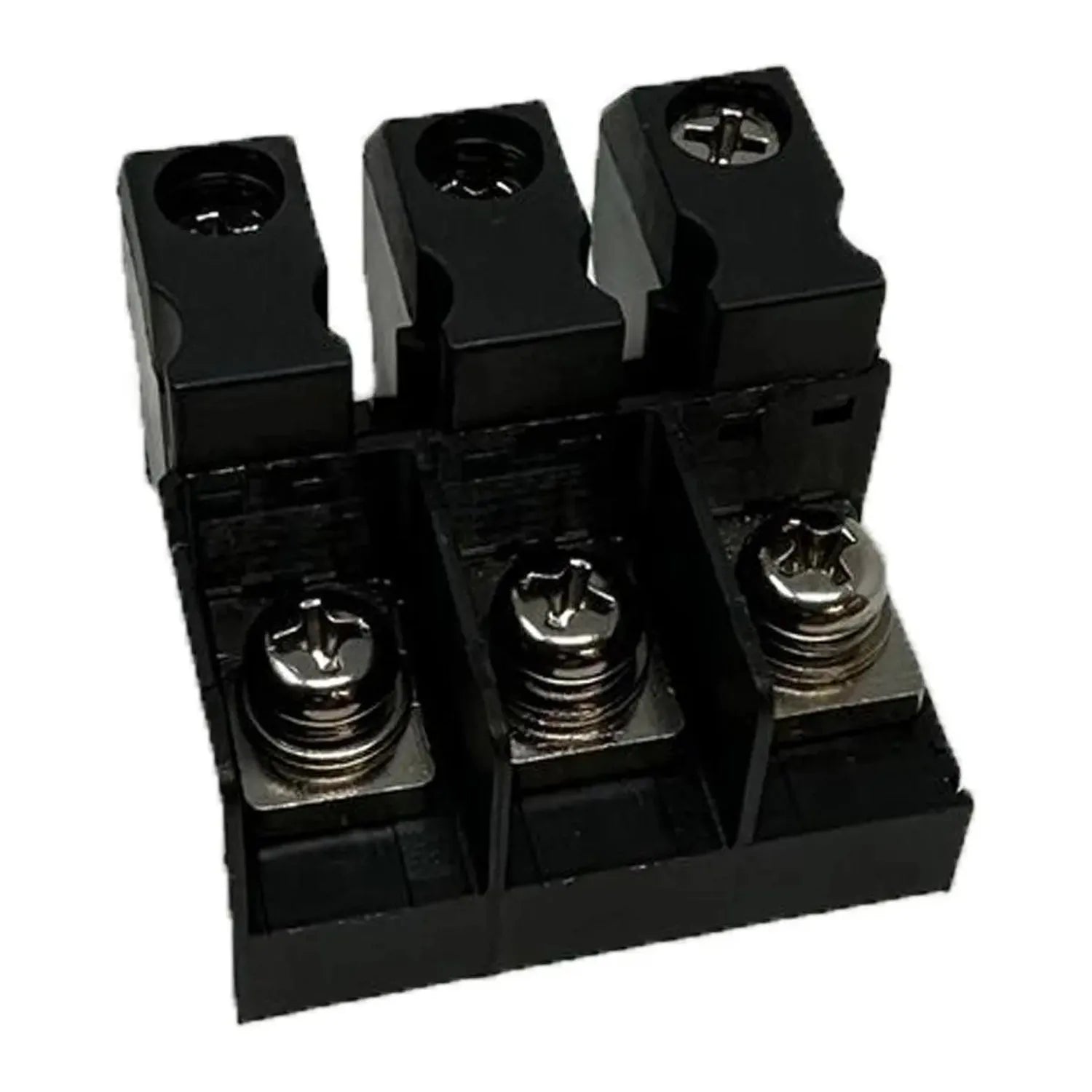 Three-position black power terminal block with metallic screw connectors and cable entry ports, front product view.