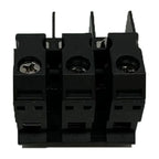 Black power terminal block with three conductor slots and metal screw connectors, front view product shot.