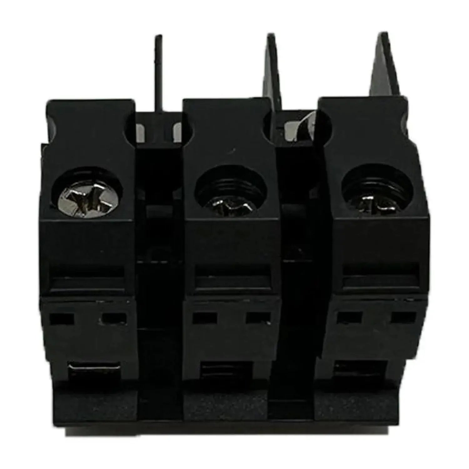 Black power terminal block with three conductor slots and metal screw connectors, front view product shot.