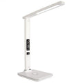 White LED desk lamp with wireless charging base and digital display showing time and temperature.