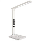White LED desk lamp with wireless charging base and digital display showing time and temperature.