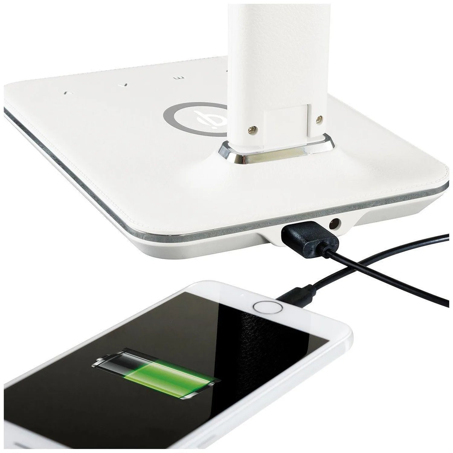 White LED desk lamp with integrated wireless charger, shown charging a smartphone with green battery indicator visible.