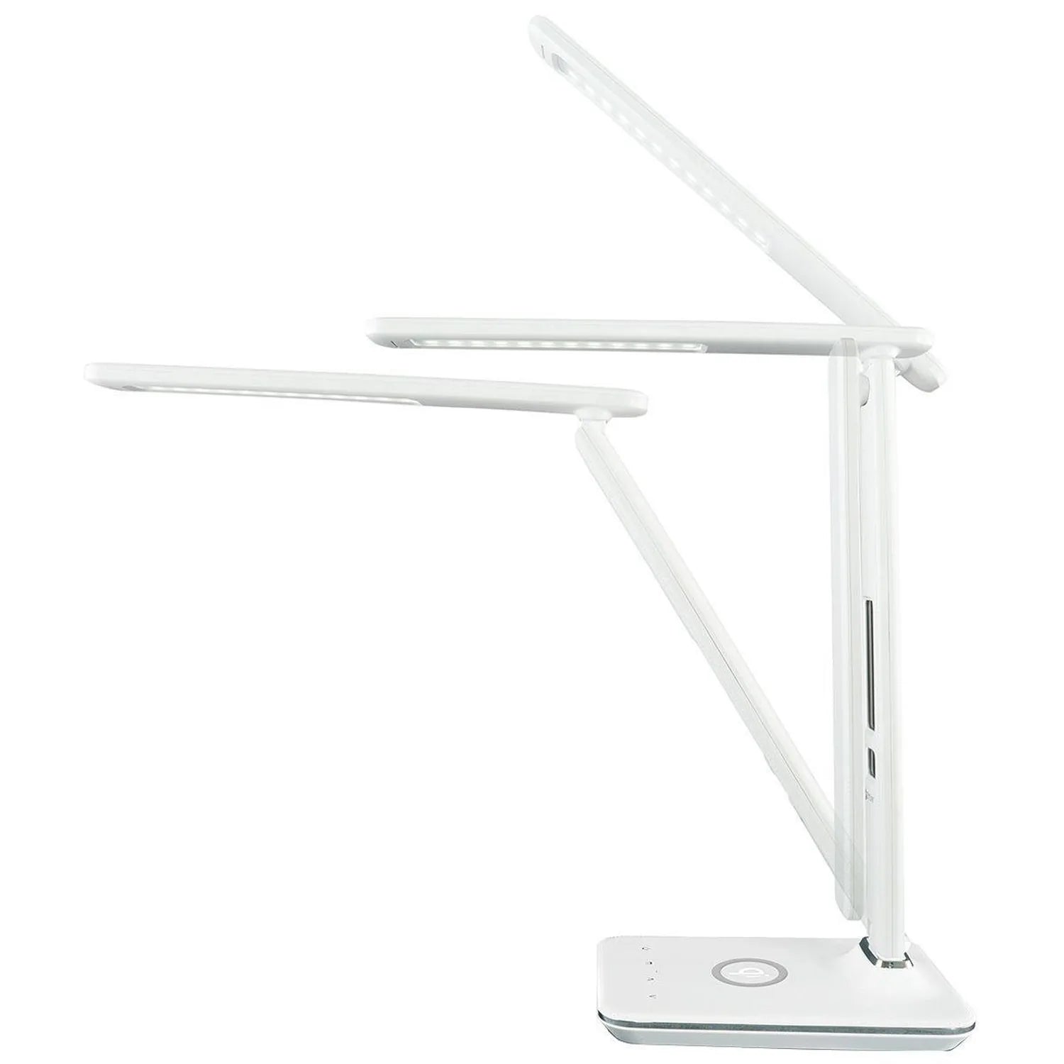 White LED desk lamp with adjustable arms and wireless charging base, shown against white background.