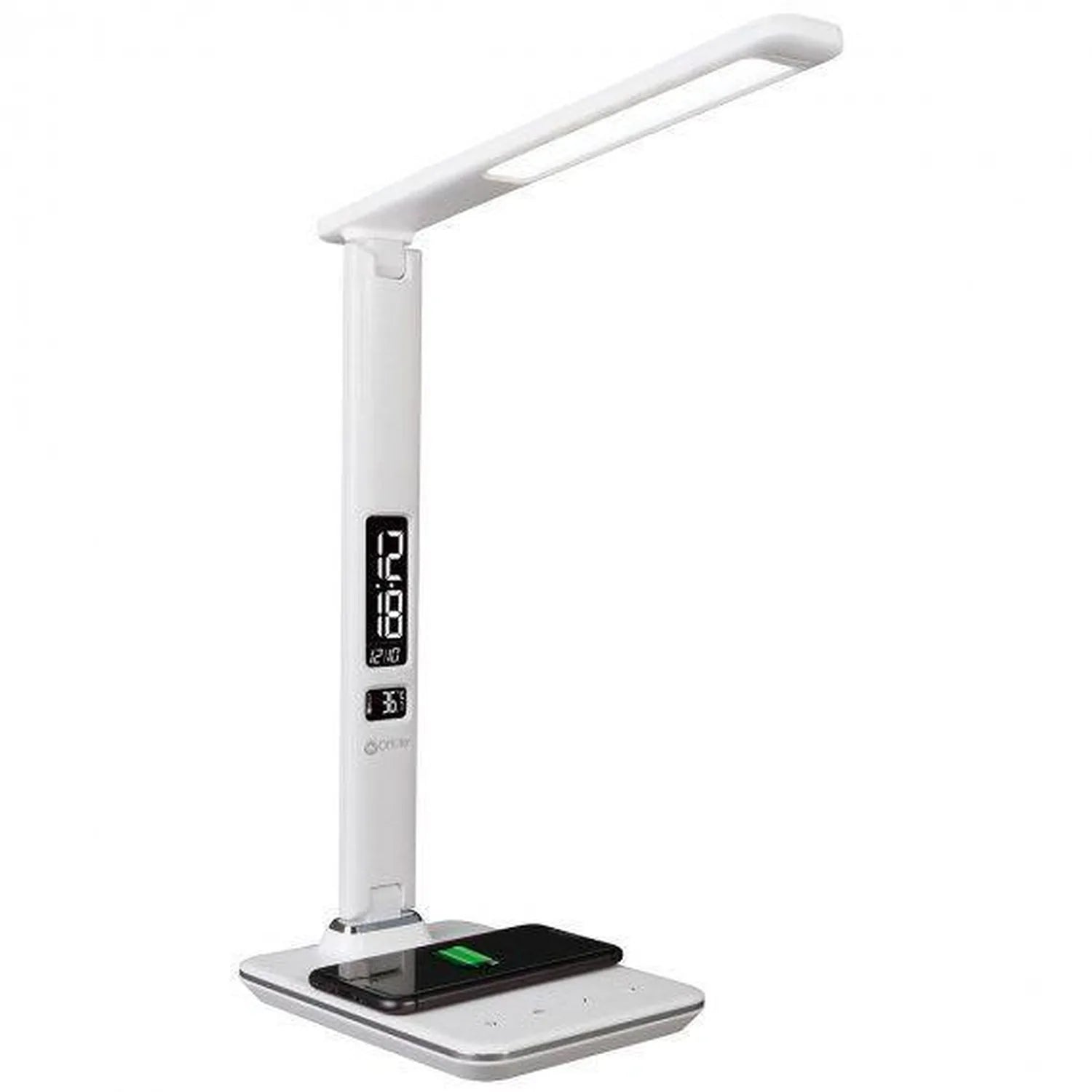 White LED desk lamp with integrated wireless phone charger, digital display, and adjustable arm on wide base.