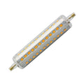 LED R7S linear bulb with warm white LEDs in aluminum tube housing and brass connector pins.