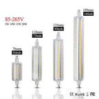 Four LED R7S bulbs in increasing sizes from 78mm to 189mm, showing 36 to 144 LEDs respectively, with voltage and wattage spec