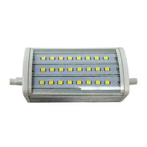 R7S LED bulb with 24 yellow LEDs arranged in 3 rows, aluminum heat sink body, and white plastic end caps.