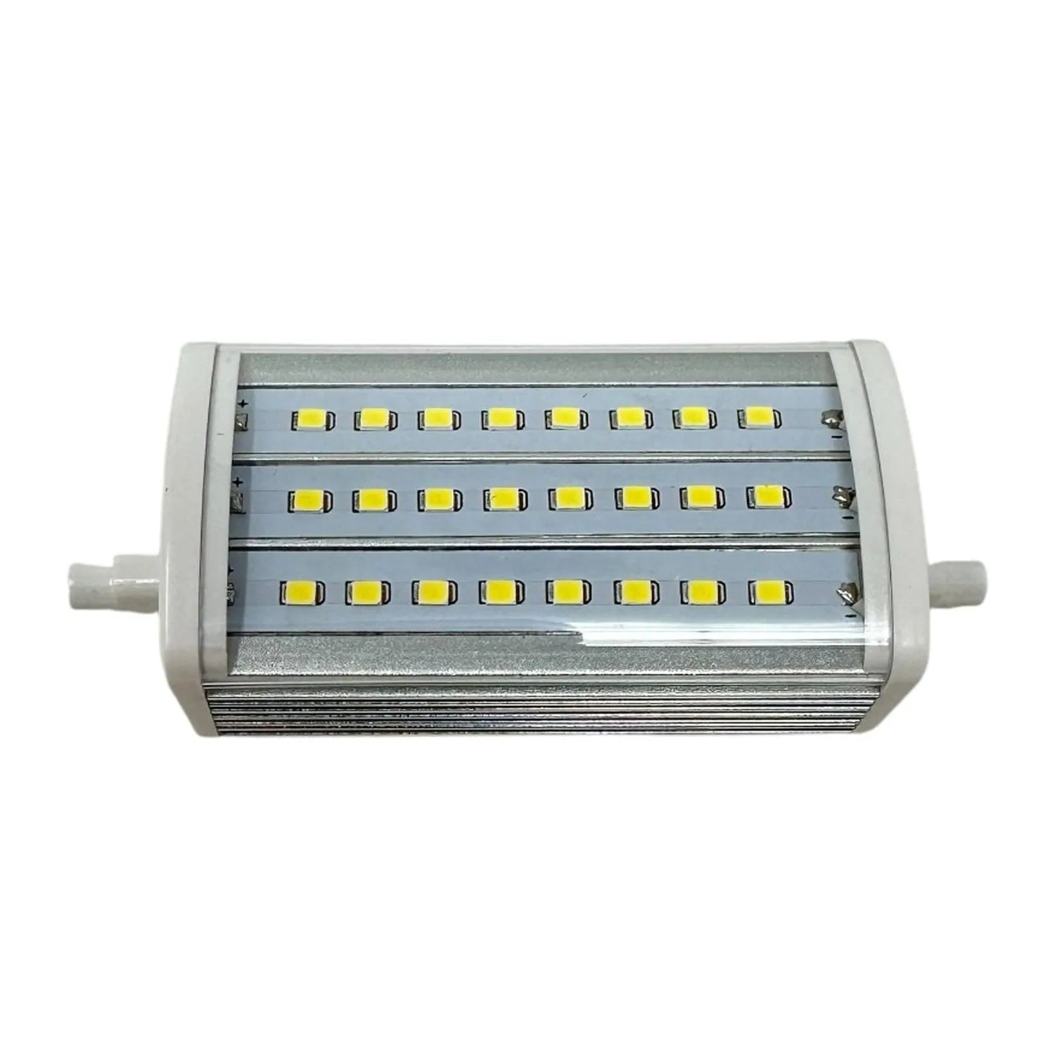 R7S LED bulb with 24 yellow LEDs arranged in 3 rows, aluminum heat sink body, and white plastic end caps.