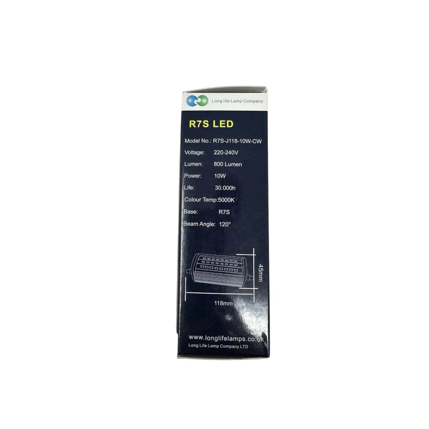 R7S LED bulb package front showing specifications: 10W power, 800 lumen output, 30,000 hour lifespan, 5000K color temperature