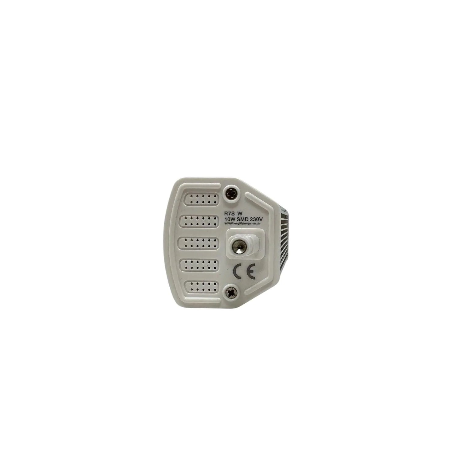 R7S W 10W SMD 230V LED bulb shown from back angle displaying ventilation slots and connection ports.