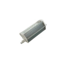 R7S LED bulb with ribbed aluminum heat sink and ceramic connector base, displayed against white background.
