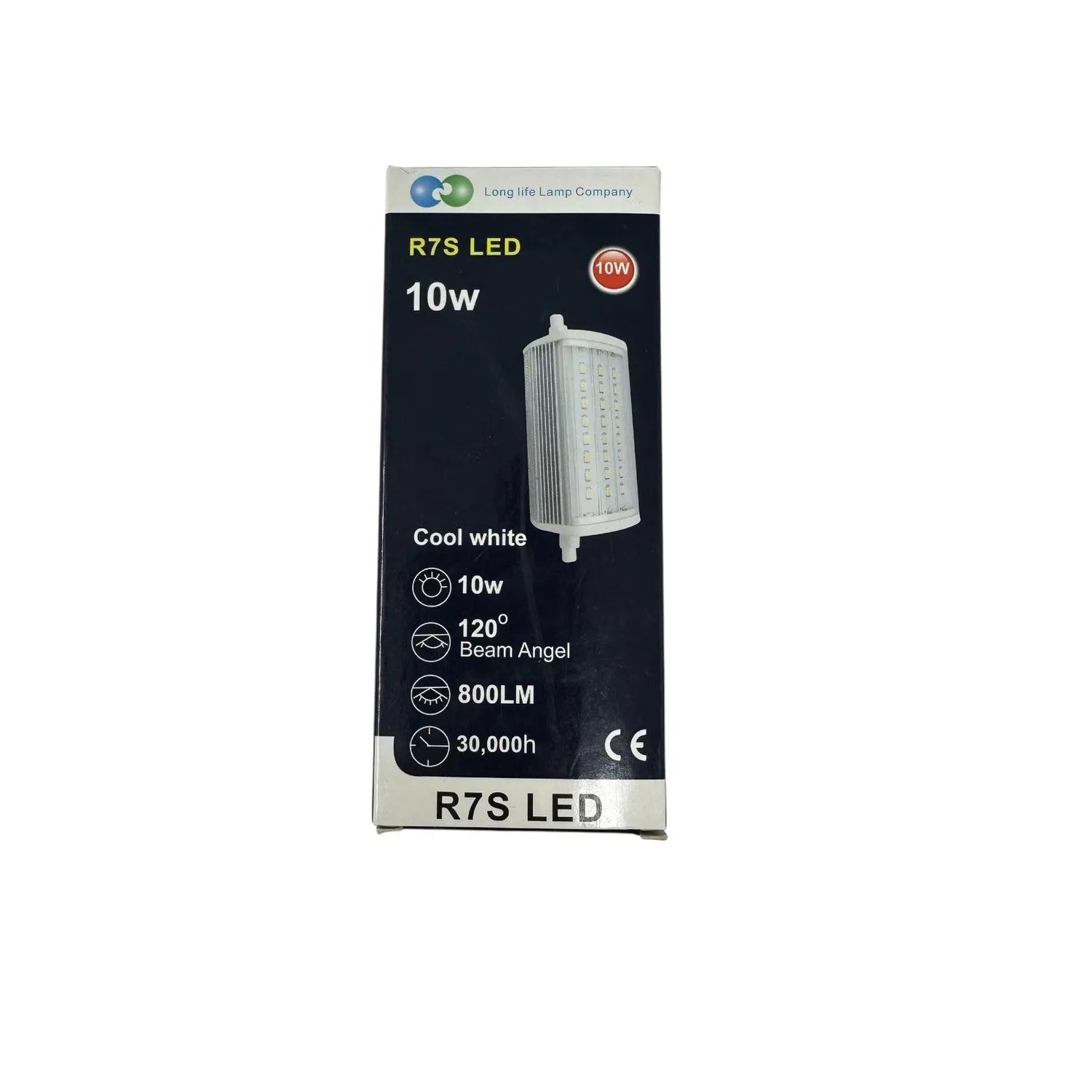 R7S LED 10W bulb packaging showing cool white cylindrical bulb with specifications: 800LM brightness, 120° beam angle, 30,000