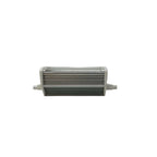 Aluminum tube-style intercooler or heat exchanger with horizontal fins and side inlet ports against white background.