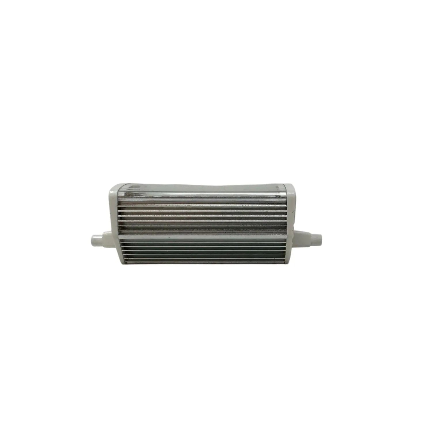 Aluminum tube-style intercooler or heat exchanger with horizontal fins and side inlet ports against white background.