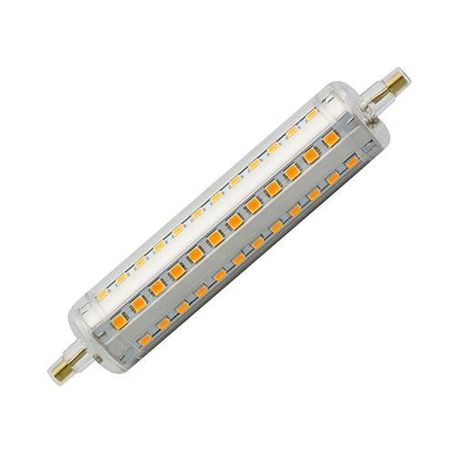 LED R7S linear bulb with warm white diodes, brass end caps, clear cylindrical housing, product shot on white background.