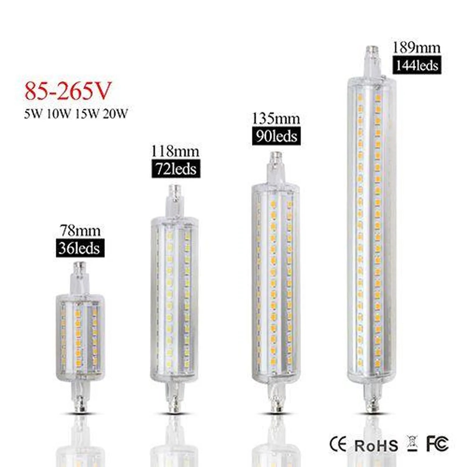 Four LED R7S bulbs in increasing sizes from 78mm to 189mm, showing specifications and LED counts for each model.