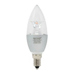 Voltacon 5.5W LED candle bulb with clear teardrop-shaped globe, small screw base, shown against white background.