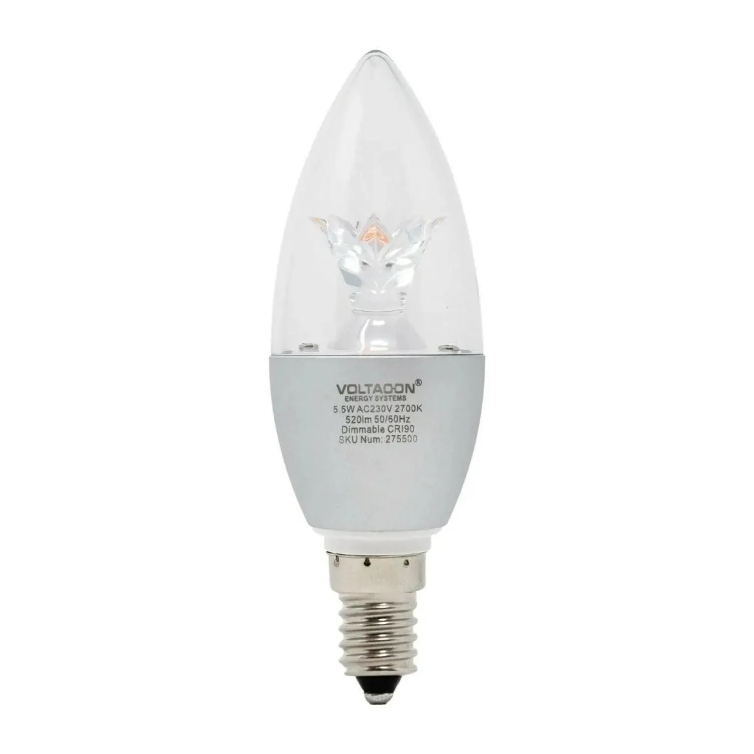 Voltacon 5.5W LED candle bulb with clear teardrop-shaped globe, small screw base, shown against white background.