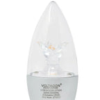 Voltacon 5.5W LED candle bulb with clear teardrop shape and warm white glow, showing product specifications on base.