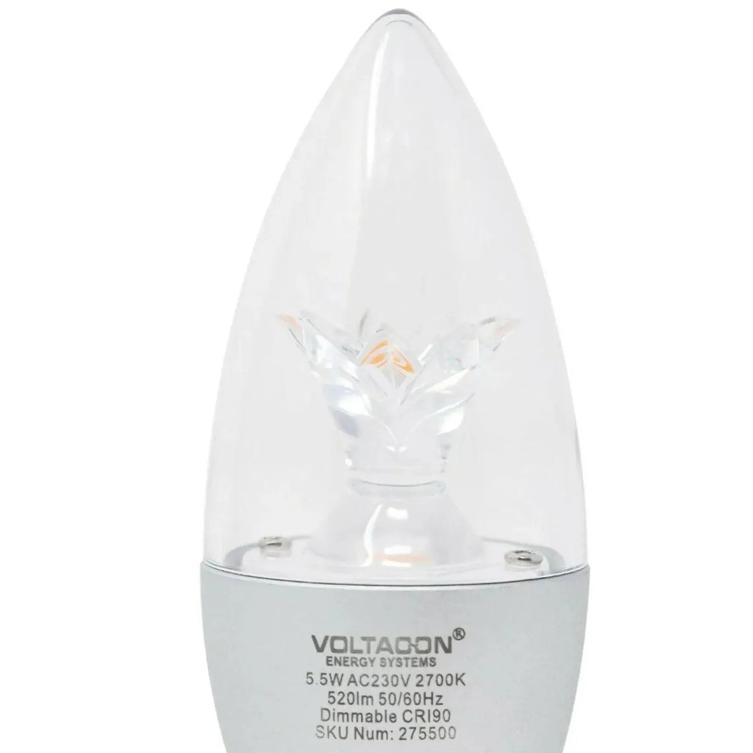 Voltacon 5.5W LED candle bulb with clear teardrop shape and warm white glow, showing product specifications on base.